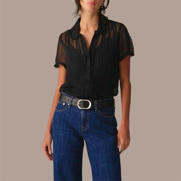 J.Crew Sheer lace-trim button-up shirt blouse in Black Size 10 NWT - Picture 4 of 12